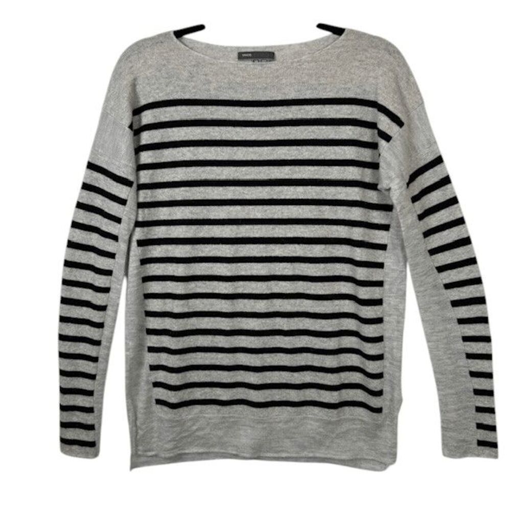 Vince Cashmere Striped Sweater Gray Black Wide Neck‎ Long Sleeve Oversized XS